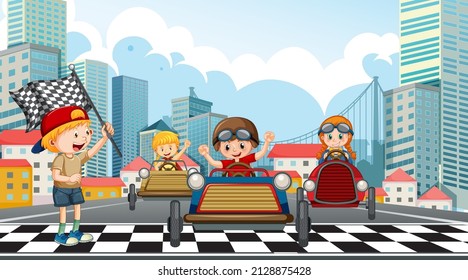 Outdoor scene with children racing car illustration