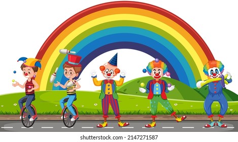 Outdoor scene with clown cartoon character illustration