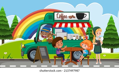 Outdoor scene with coffee food truck illustration