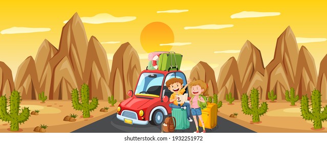 Outdoor scene with a couple travelling in desert scene illustration