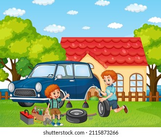 Outdoor scene with dad and son fixing a car together illustration