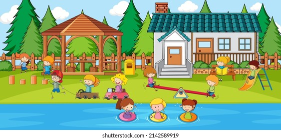Outdoor scene with doodle house cartoon illustration