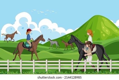 Outdoor scene with equestrian on horse illustration