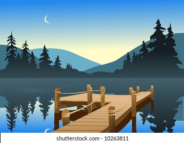 An outdoor scene of a fishing dock on a quiet lake. The moon can be seen just over the tree line.