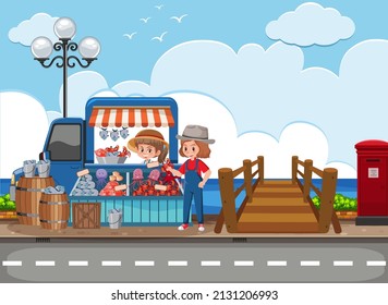 Outdoor scene with fresh fish seafood market stall illustration