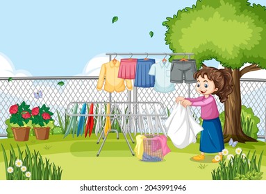 Outdoor scene with a girl hanging clothes on clotheslines illustration