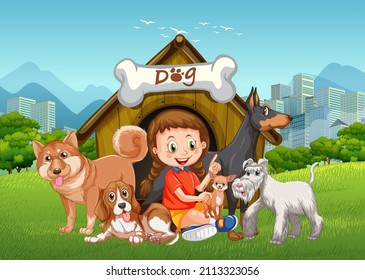 Outdoor scene with a girl playing with her dogs  illustration