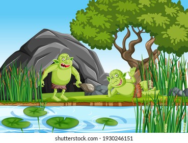 Outdoor scene with goblin or troll cartoon character illustration