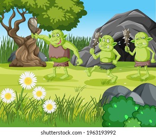 Outdoor scene with goblin or troll cartoon character illustration