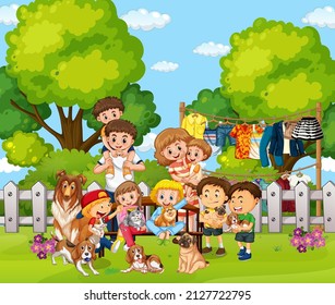 Outdoor scene with happy family and dogs illustration