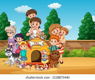 Outdoor scene with happy family and dogs illustration