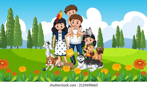 Outdoor scene with happy family and dogs illustration