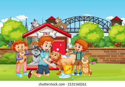Outdoor scene with happy family and dogs illustration
