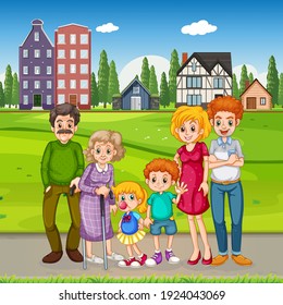 Outdoor scene with happy family illustration