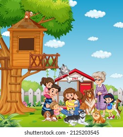 Outdoor scene with happy family and their dogs illustration