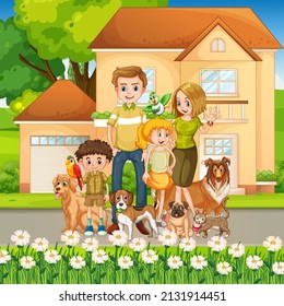 Outdoor scene with happy family and their dogs illustration