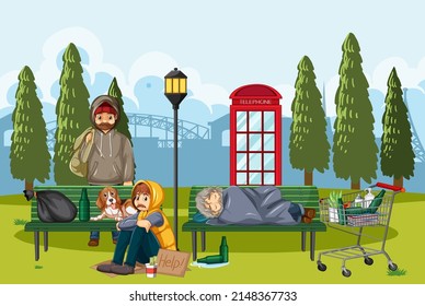 Outdoor scene with homeless people illustration