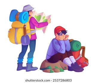 Outdoor scene with man hiker studying map and young woman tourist rests on rock. Characters wear backpacks, warm clothes and boots. Cartoon vector set of people trekking on nature vacation expedition.