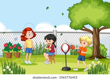 Outdoor scene with many children doing different activities illustration