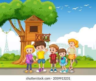 Outdoor scene with many children standing in the park illustration