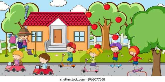 Outdoor scene with many kids playing at playground illustration