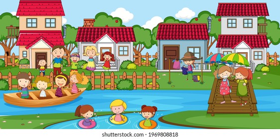 Outdoor scene with many kids playing in the park illustration