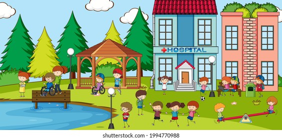 Outdoor scene with many kids playing in the park illustration