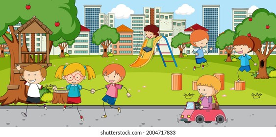 Outdoor scene with many kids playing in the park illustration