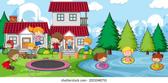 Outdoor scene with many kids playing at playground illustration