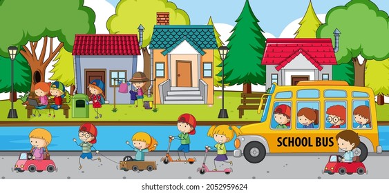 Outdoor scene with many kids playing scooter on street illustration