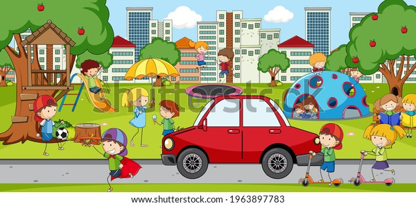 Outdoor Scene Many Kids Playing Park Stock Vector (Royalty Free ...