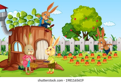 Outdoor scene with many rabbit cartoon character in the garden illustration