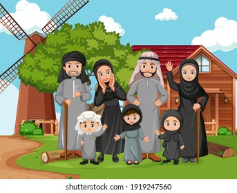 Outdoor scene with member of arab family illustration