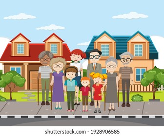 Outdoor scene with member of family illustration