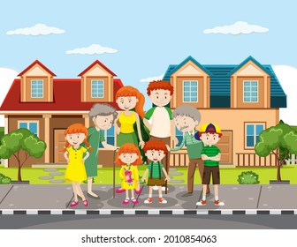 Outdoor scene with member of family illustration