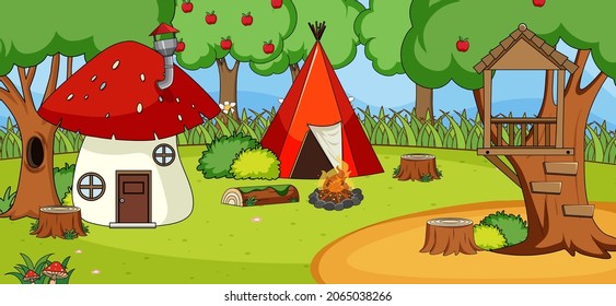 Outdoor scene with mushroom house and camping tent in the forest illustration