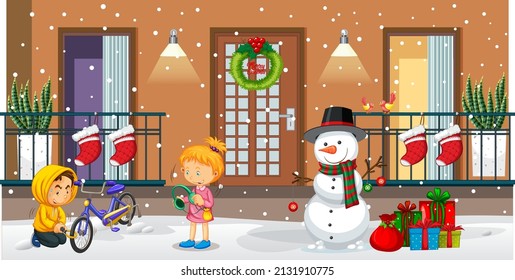 Outdoor scene with people and snowman in Christmas theme illustration