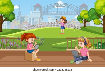 Outdoor scene with people using technology devices illustration