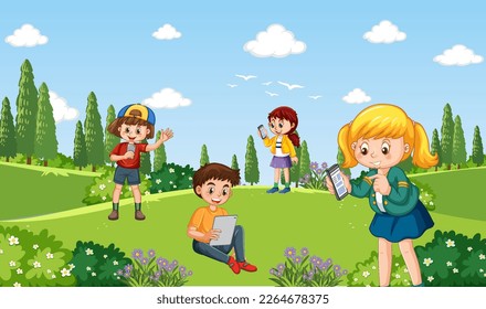 Outdoor scene with people using technology devices illustration