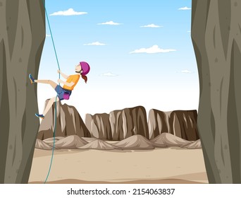 Outdoor scene with rock climber on cliff illustration