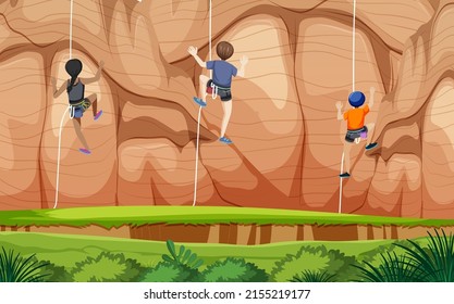 Outdoor scene with rock climber on cliff illustration