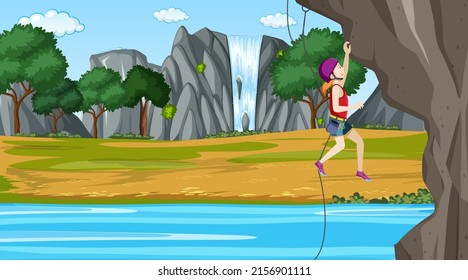 Outdoor scene with rock climber on cliff illustration