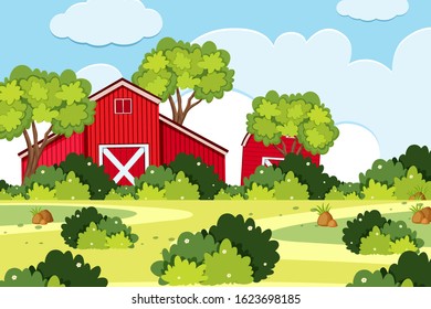 An outdoor scene with rural house illustration