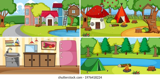 Outdoor scene set with many kids doodle cartoon character illustration