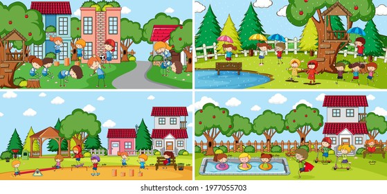 Outdoor scene set with many kids doodle cartoon character illustration