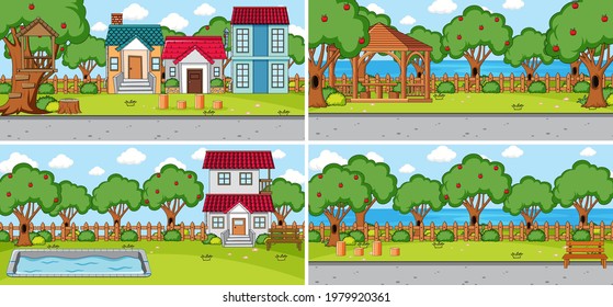Outdoor scene set with many kids doodle cartoon character illustration