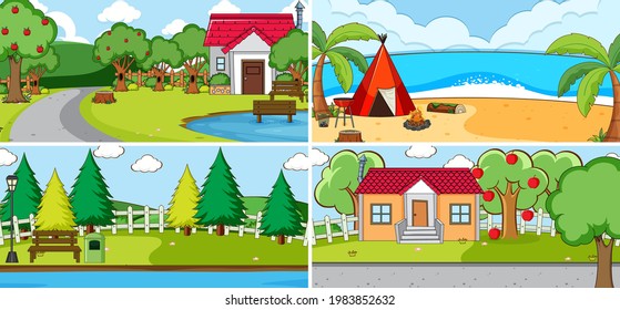 Outdoor scene set with many kids doodle cartoon character illustration