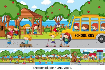 Outdoor scene set with many kids doodle cartoon character illustration