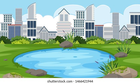 An outdoor scene with skyscraper illustration