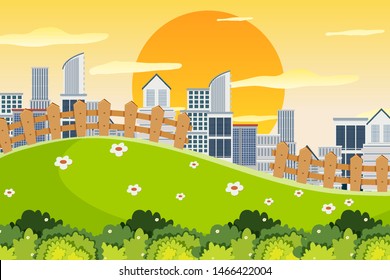 An outdoor scene with skyscraper illustration